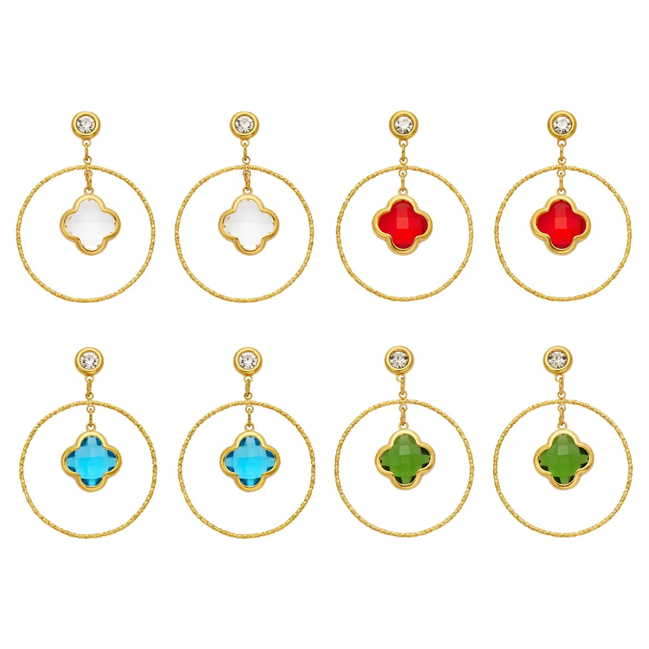 Textured Hoop Clover Glass Stainless Steel Drop Earrings