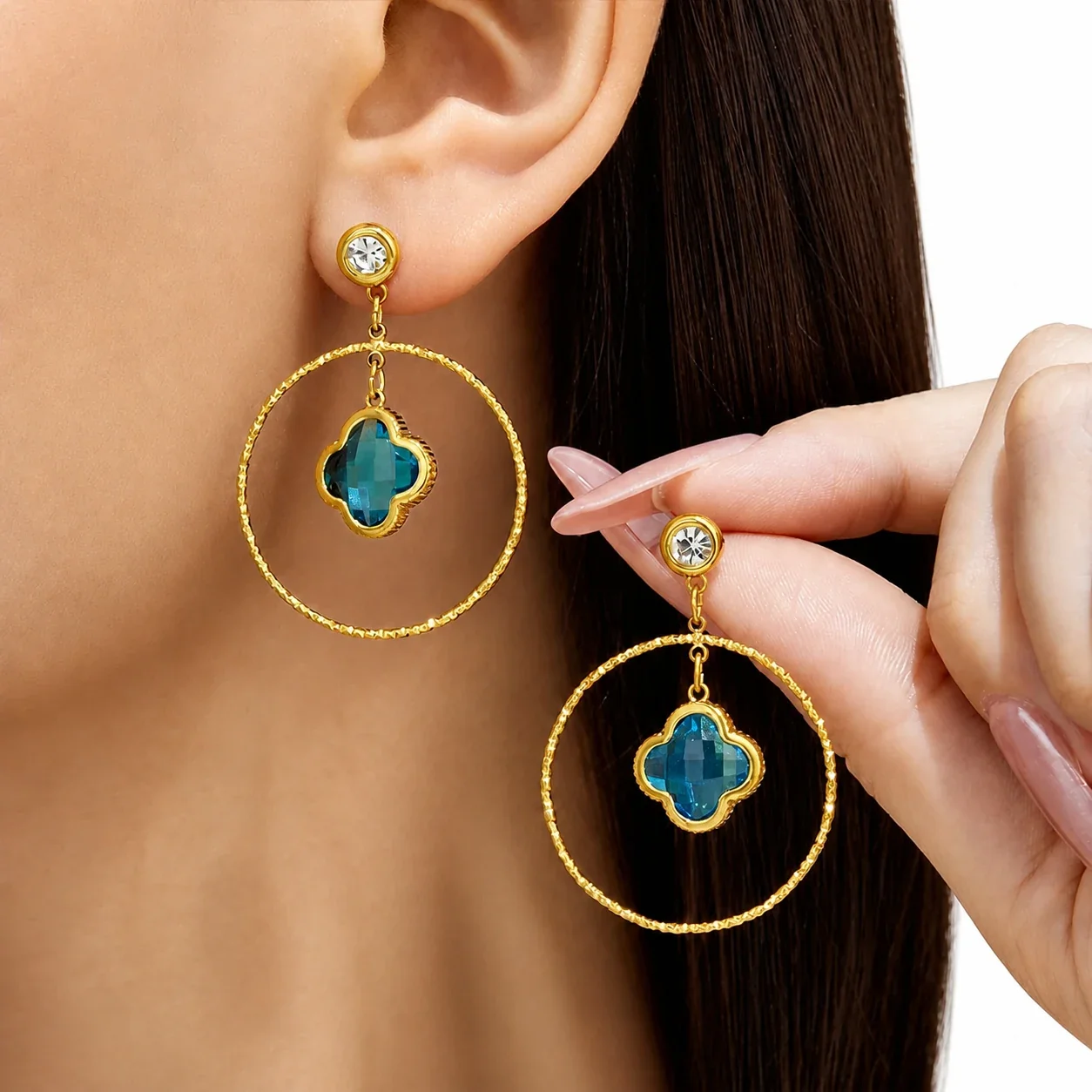 Textured Hoop Clover Glass Stainless Steel Drop Earrings