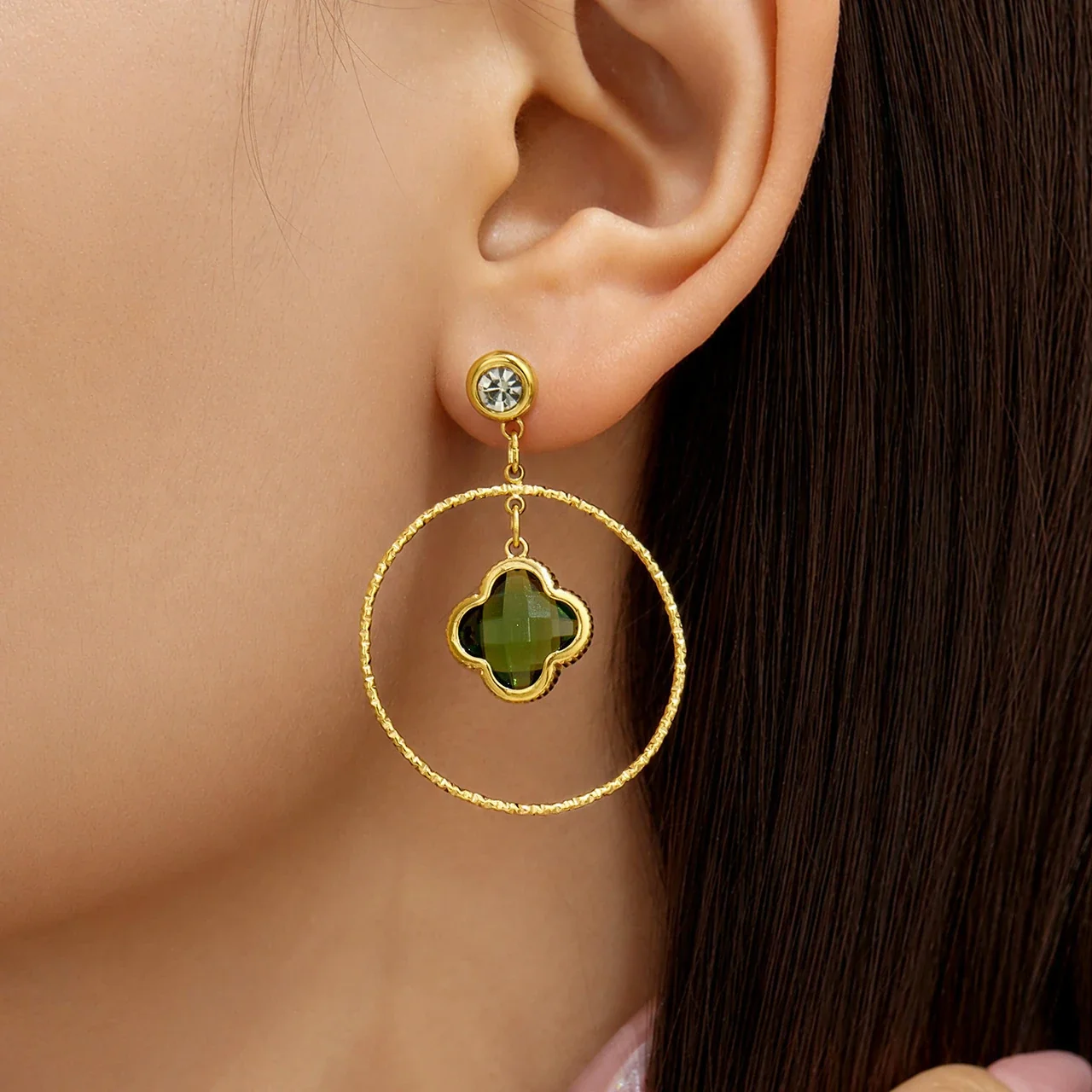 Textured Hoop Clover Glass Stainless Steel Drop Earrings
