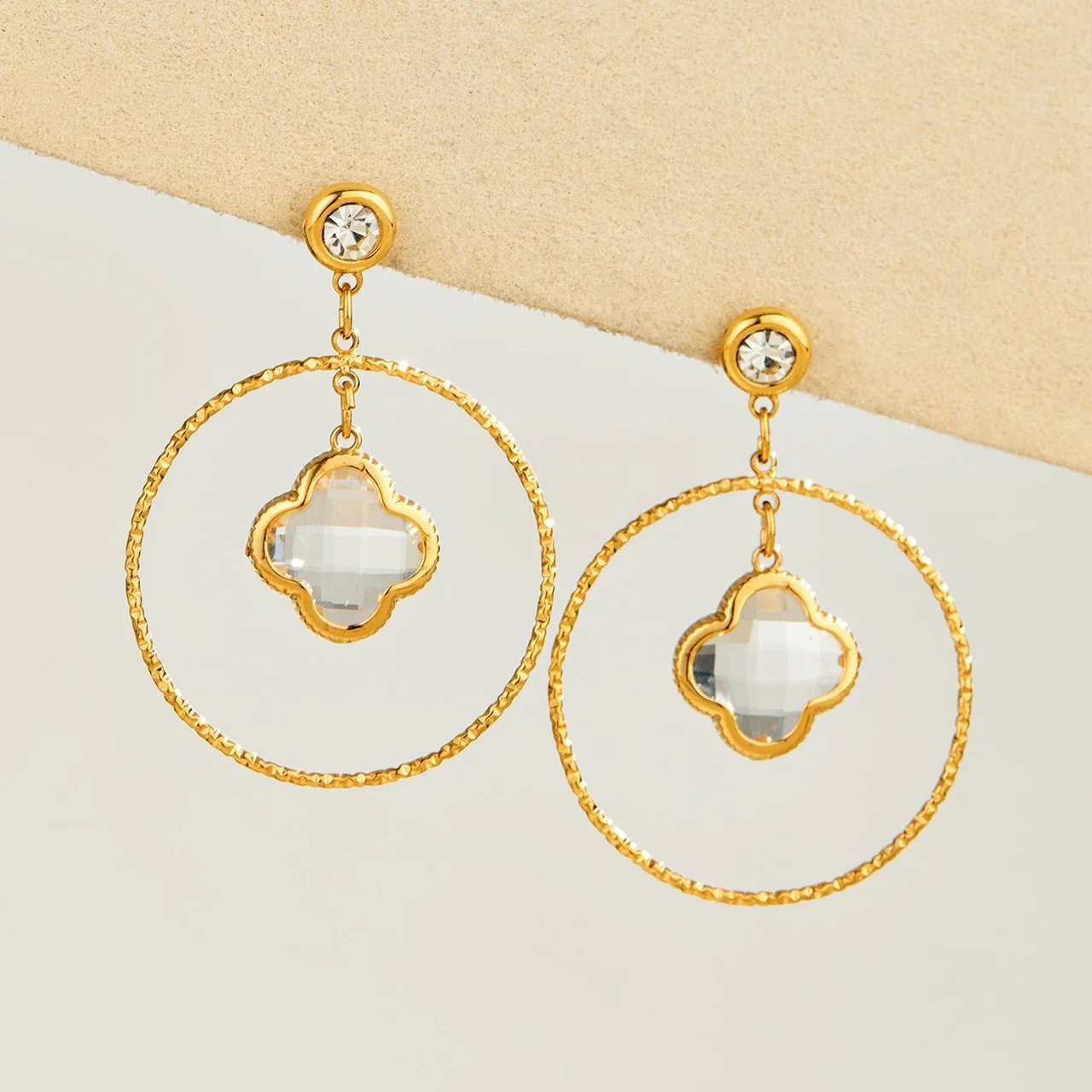 Textured Hoop Clover Glass Stainless Steel Drop Earrings