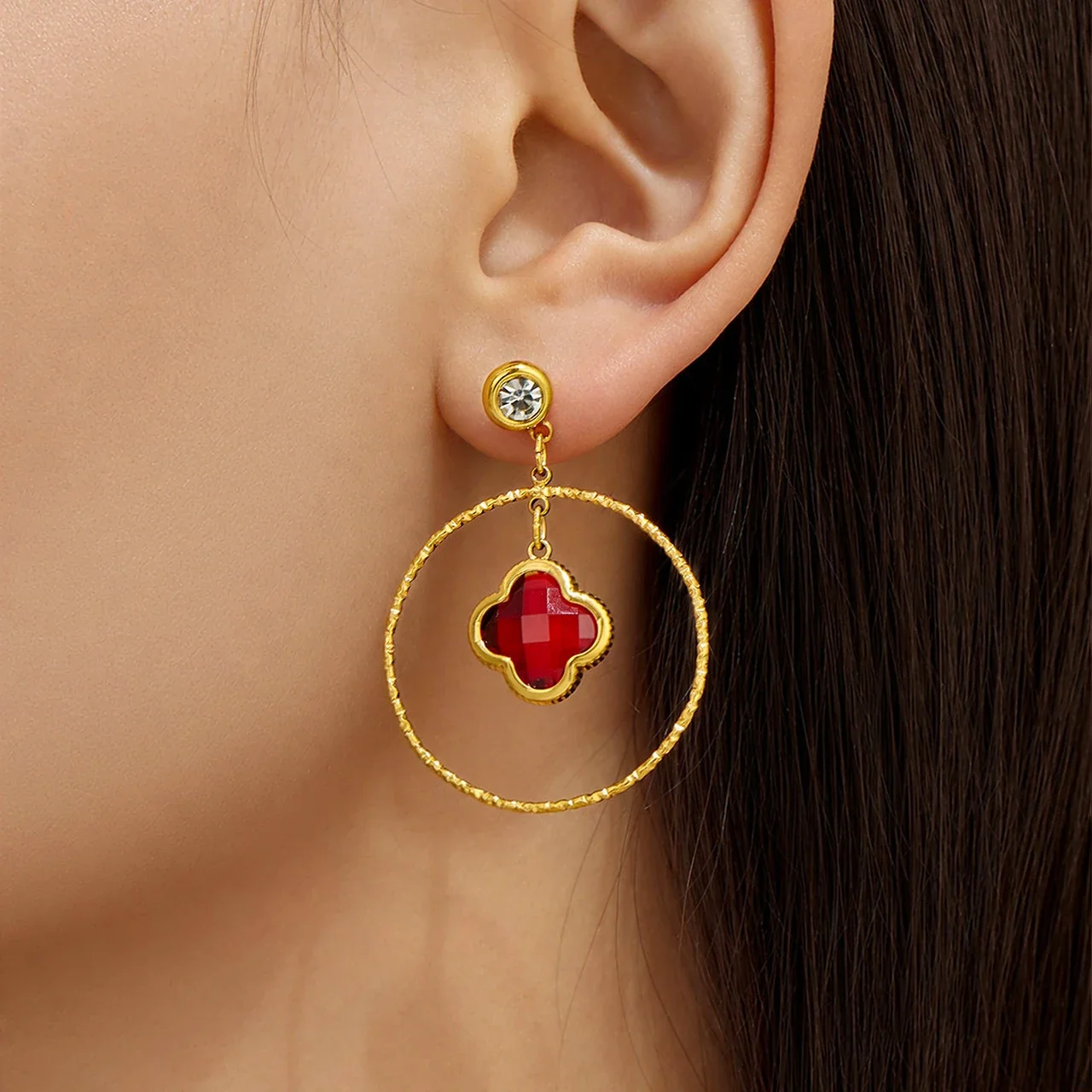Textured Hoop Clover Glass Stainless Steel Drop Earrings