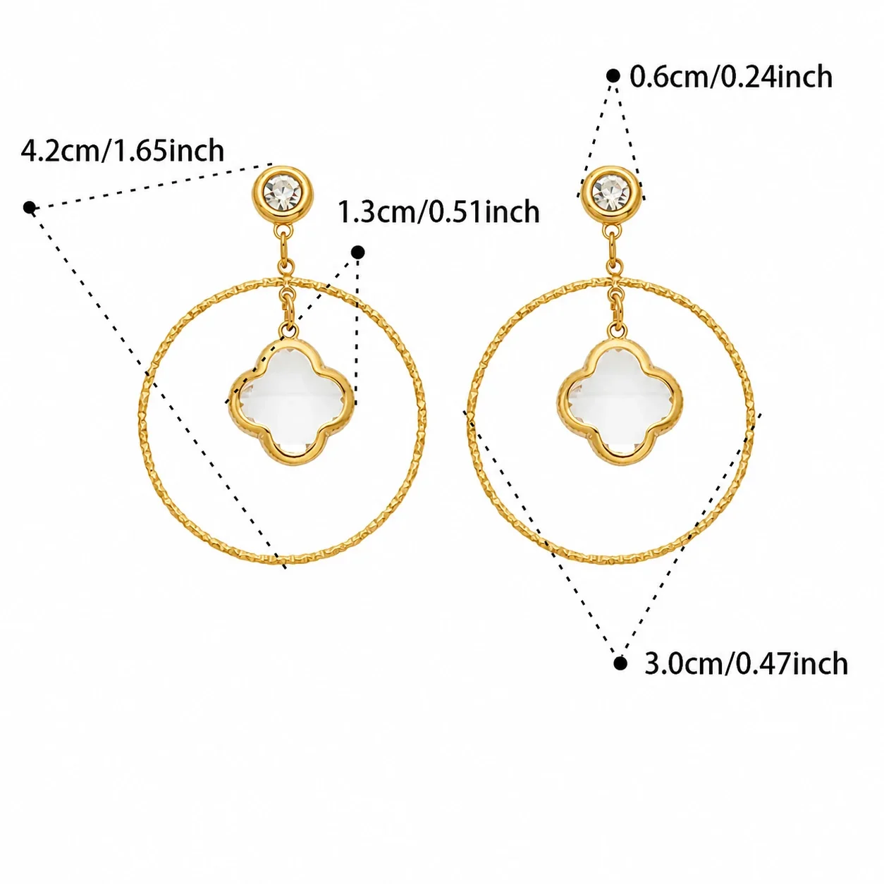 Textured Hoop Clover Glass Stainless Steel Drop Earrings - Gold White Glass Clover