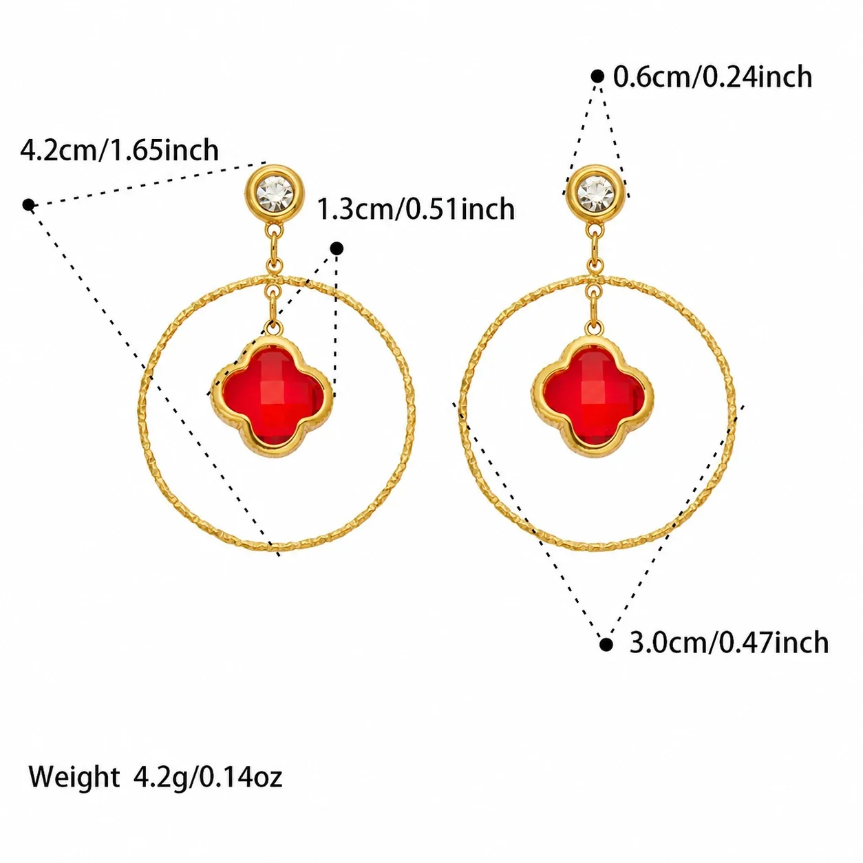 Textured Hoop Clover Glass Stainless Steel Drop Earrings - Gold Red Glass Clover