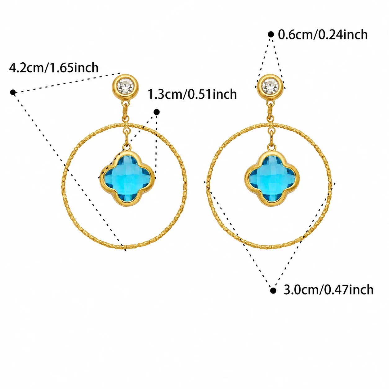 Textured Hoop Clover Glass Stainless Steel Drop Earrings - Gold Blue Glass Clover