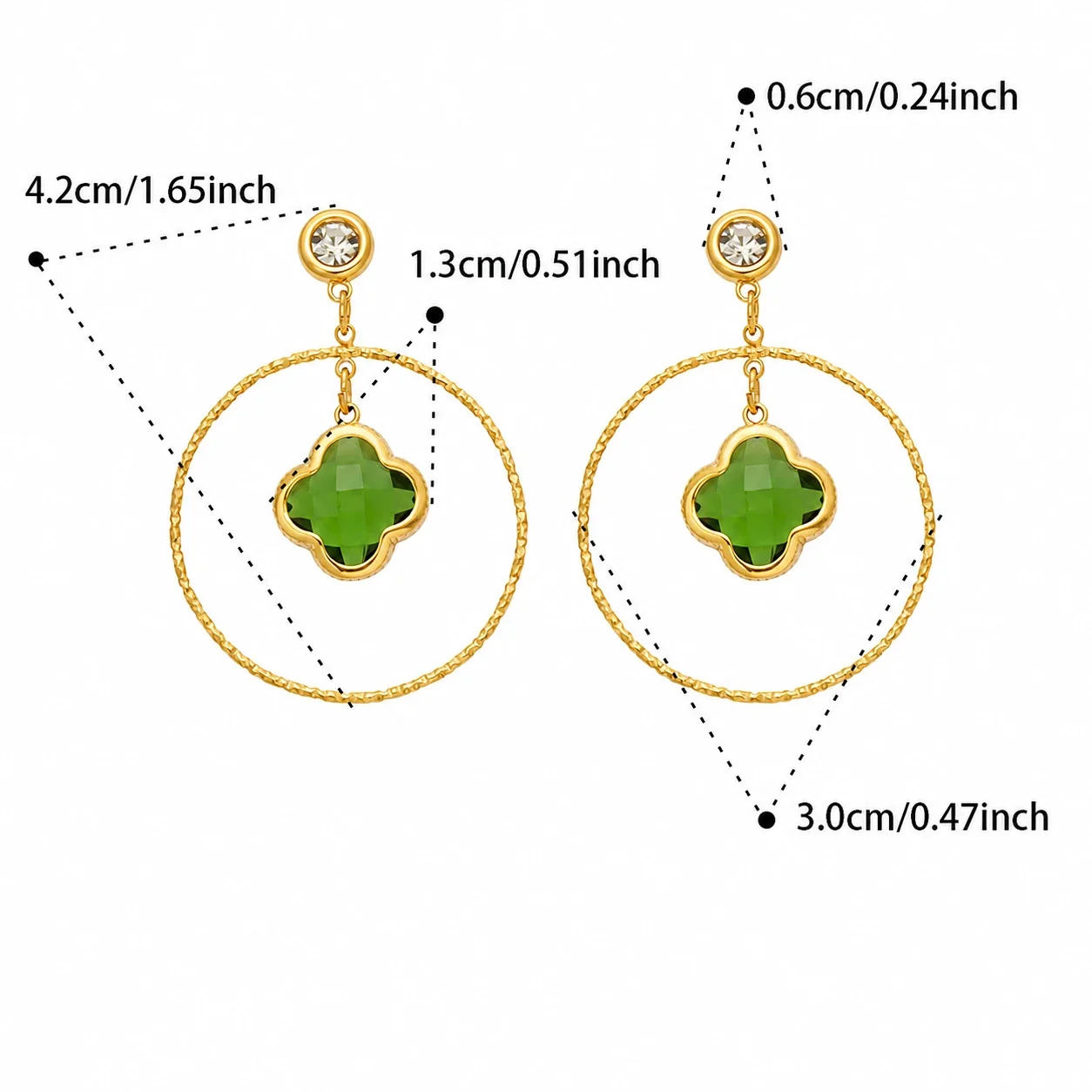 Textured Hoop Clover Glass Stainless Steel Drop Earrings - Gold Green Glass Clover