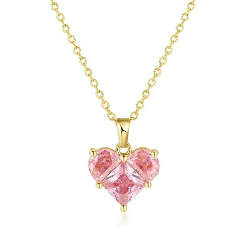 Romantic 925 Sterling Silver Pink Tri-Stone Heart Pendant Necklace