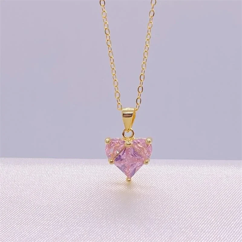 Romantic 925 Sterling Silver Pink Tri-Stone Heart Pendant Necklace