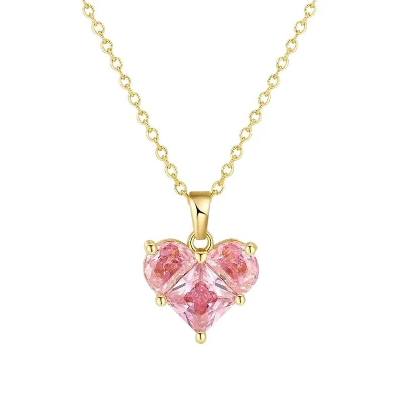 Romantic 925 Sterling Silver Pink Tri-Stone Heart Pendant Necklace