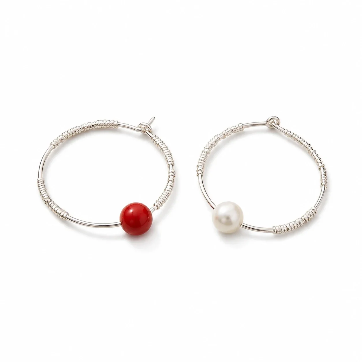 Refined 925 Sterling Silver Wire-Wrapped Bead Hoop Earrings