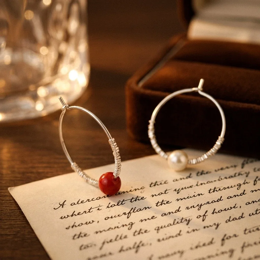Refined 925 Sterling Silver Wire-Wrapped Bead Hoop Earrings
