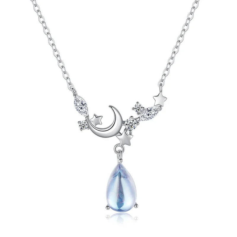 Celestial 925 Sterling Silver Moon Star Teardrop Necklace