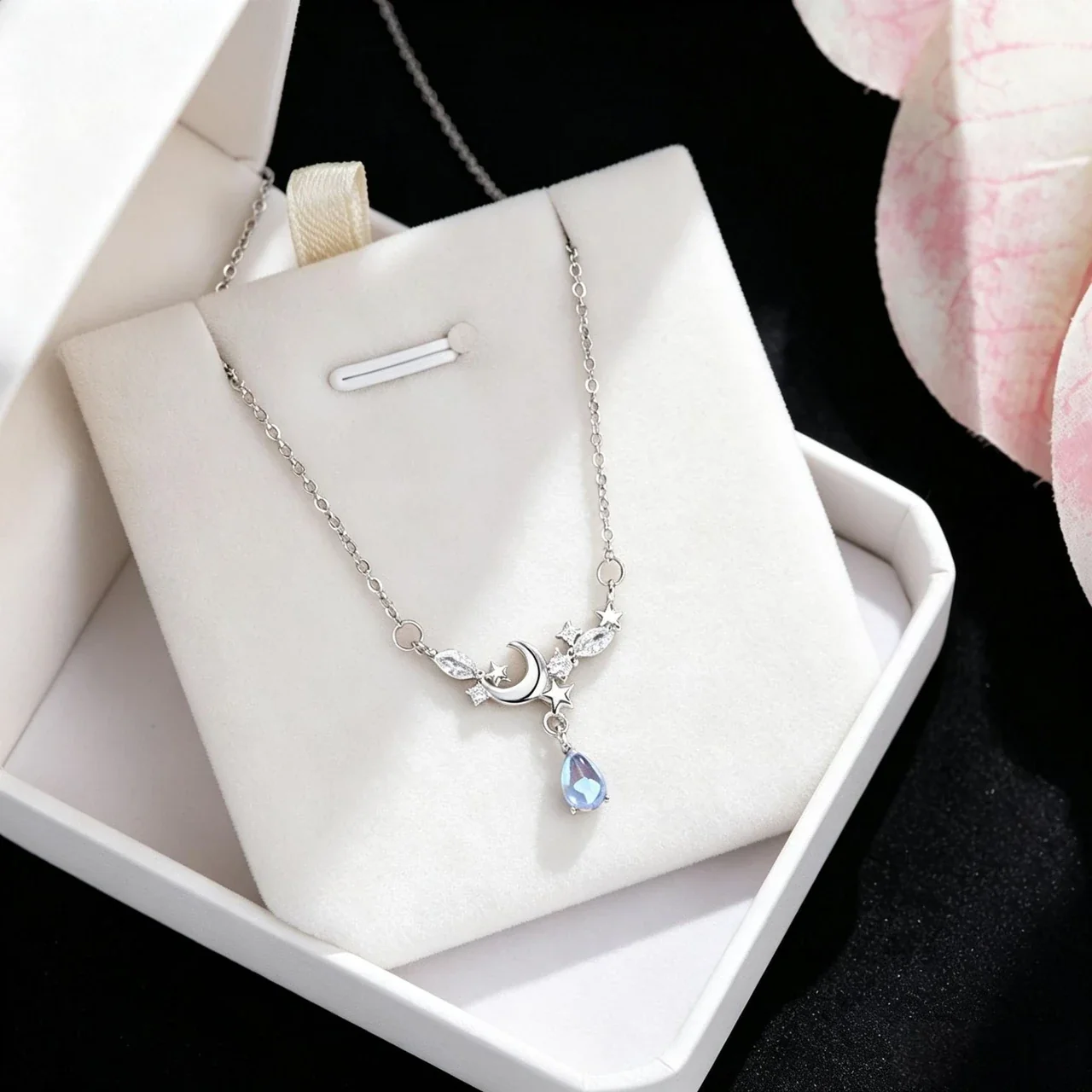 Celestial 925 Sterling Silver Moon Star Teardrop Necklace