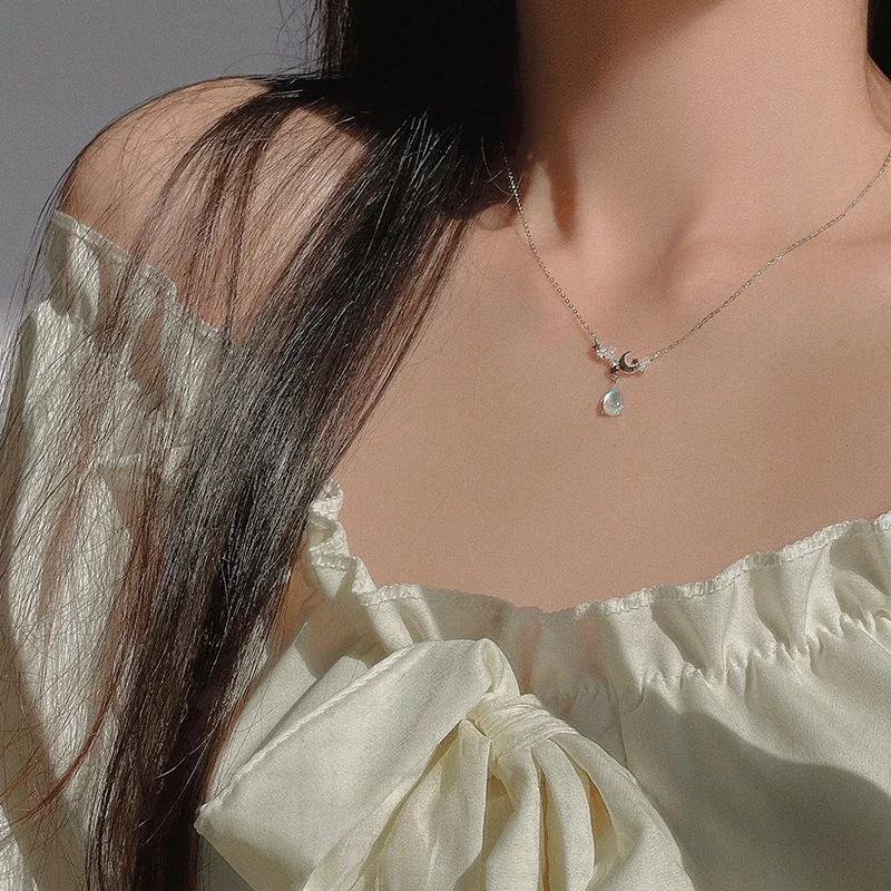 Celestial 925 Sterling Silver Moon Star Teardrop Necklace