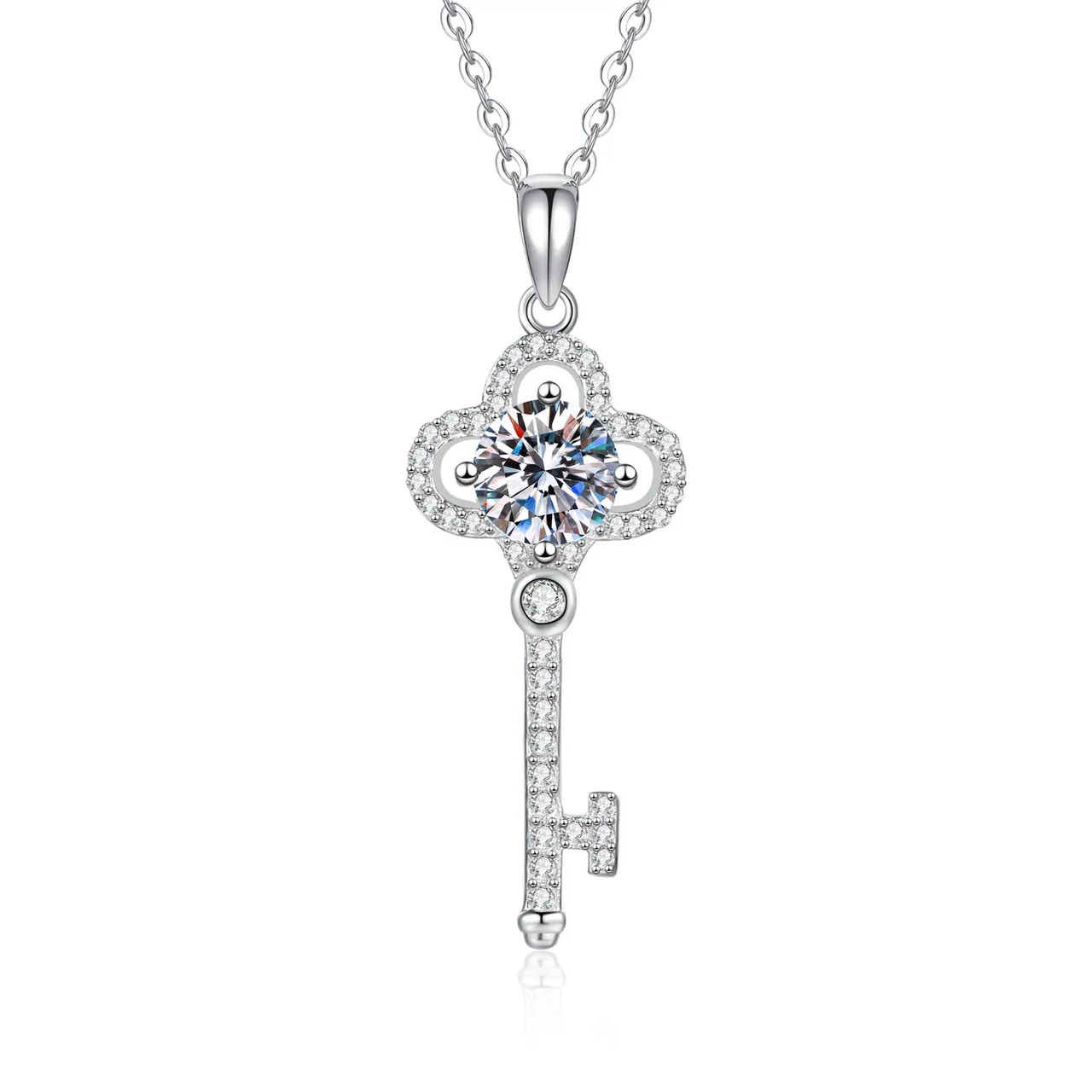 Ornate Key 925 Sterling Silver Round Moissanite Pendant Necklace