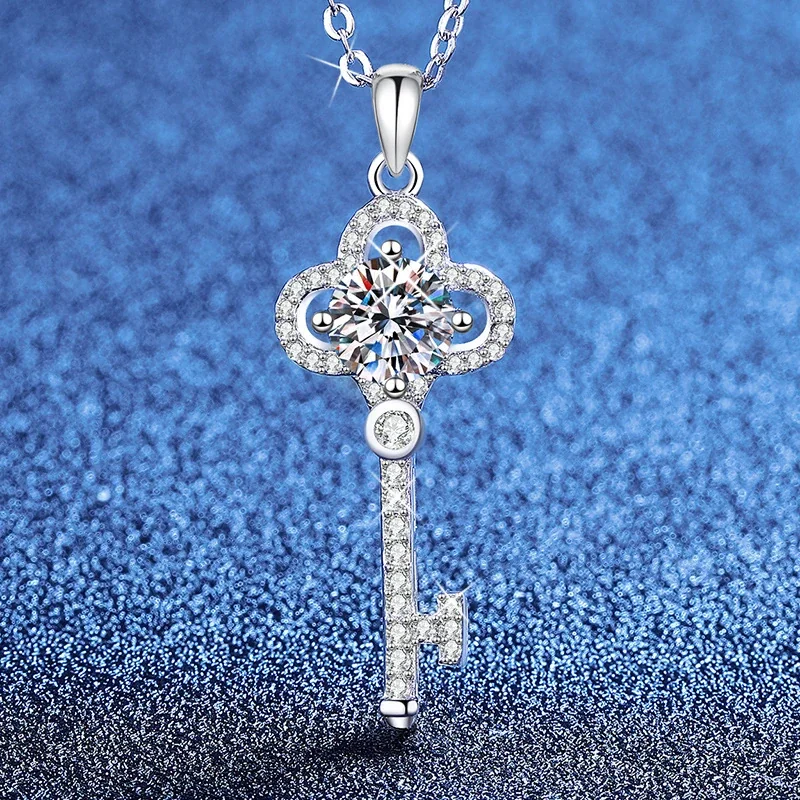 Ornate Key 925 Sterling Silver Round Moissanite Pendant Necklace