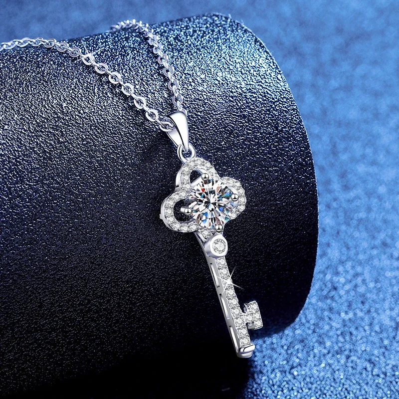 Ornate Key 925 Sterling Silver Round Moissanite Pendant Necklace