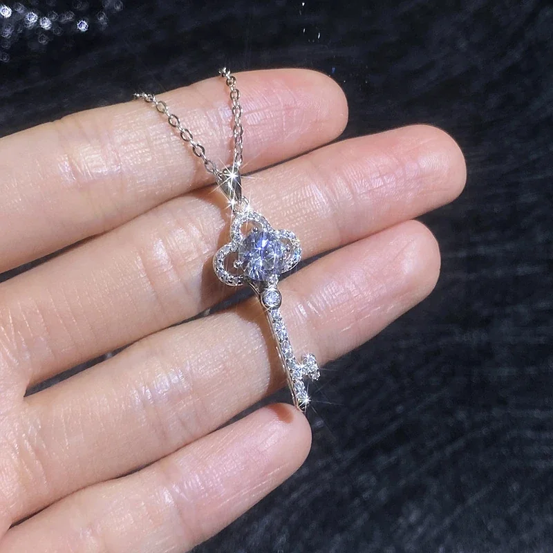 Ornate Key 925 Sterling Silver Round Moissanite Pendant Necklace
