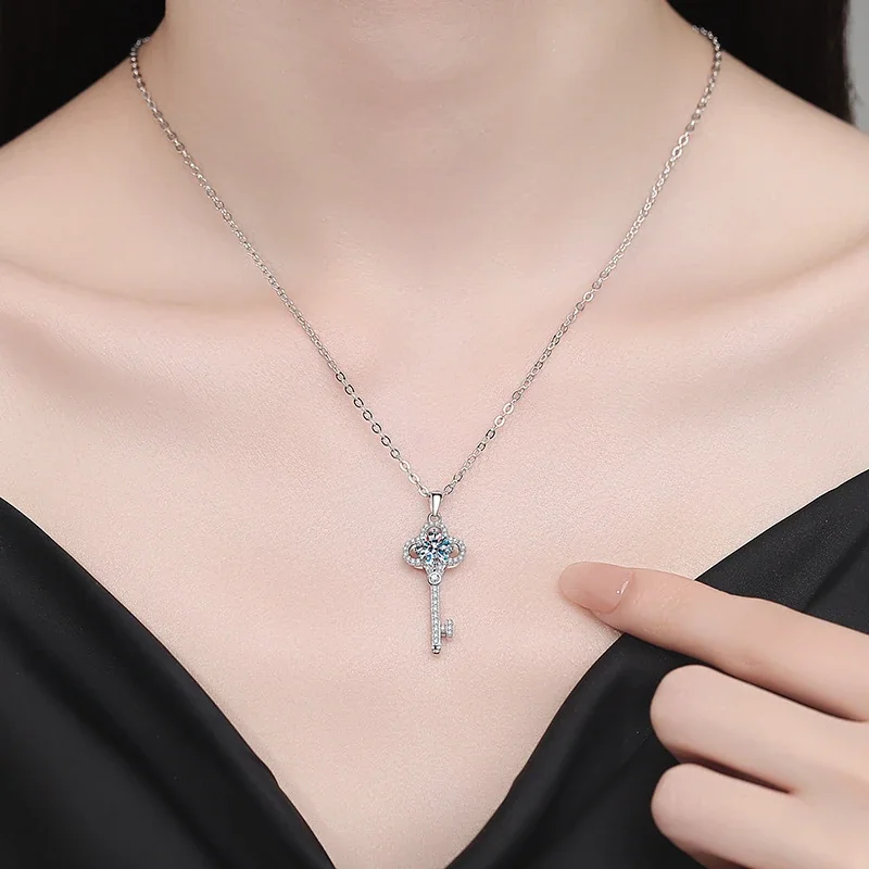 Ornate Key 925 Sterling Silver Round Moissanite Pendant Necklace