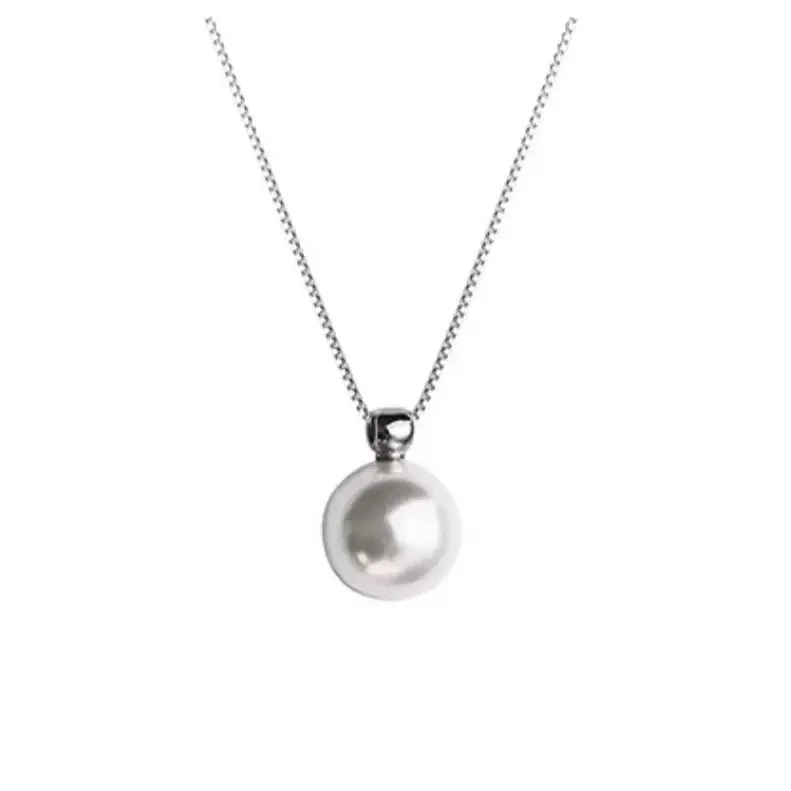 Lustrous 925 Sterling Silver Round Shell Pearl Box Chain Necklace