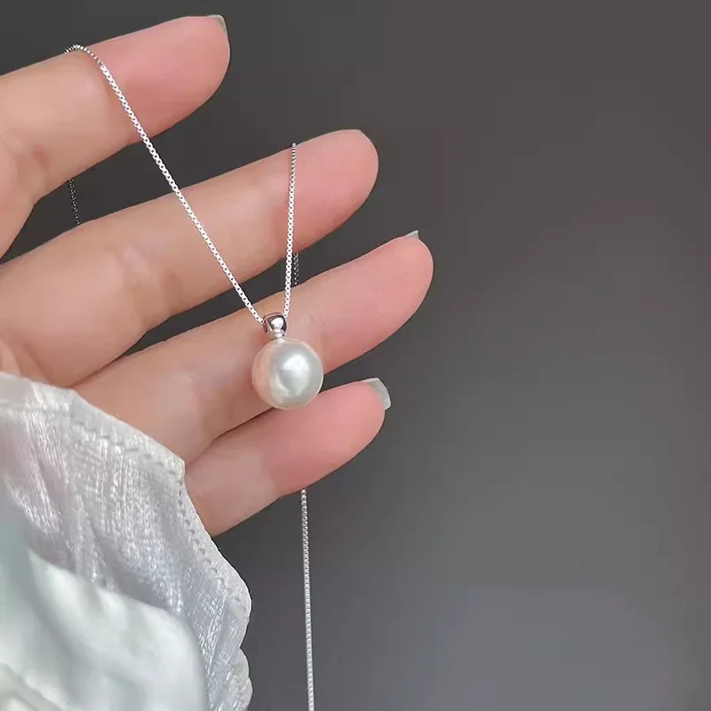 Lustrous 925 Sterling Silver Round Shell Pearl Box Chain Necklace