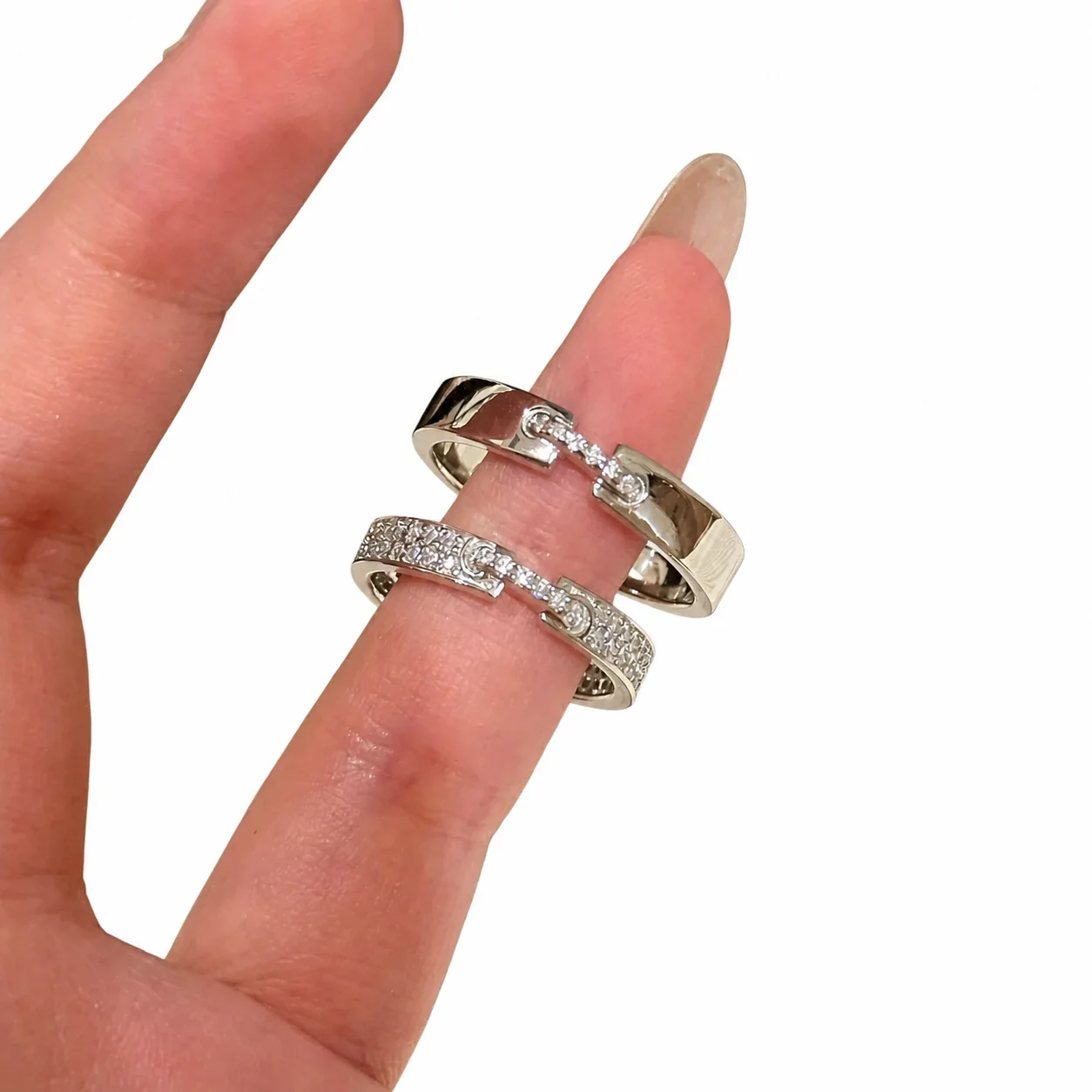 Refined Silver-Plated Pavé Open-Front Copper Ring