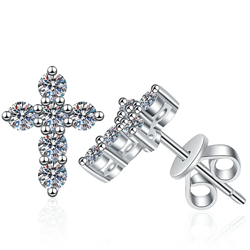Petite Cross 925 Sterling Silver Prong Moissanite Stud Earrings