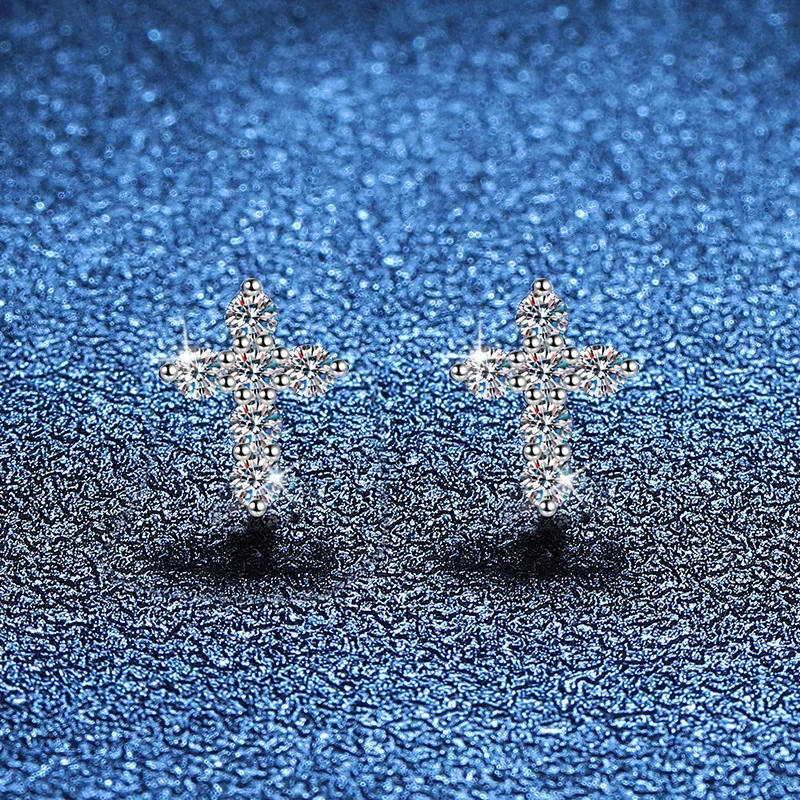 Petite Cross 925 Sterling Silver Prong Moissanite Stud Earrings
