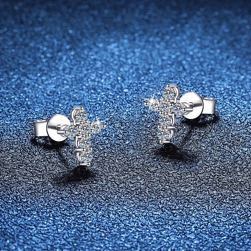 Petite Cross 925 Sterling Silver Prong Moissanite Stud Earrings