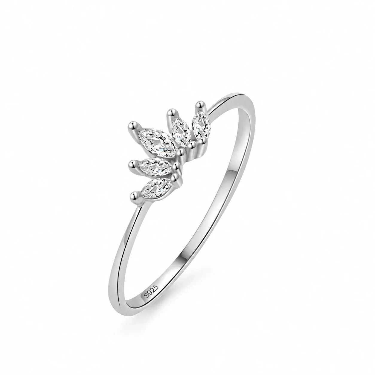 Delicate 925 Sterling Silver Five-Marquise Clear Stone Ring - Silver