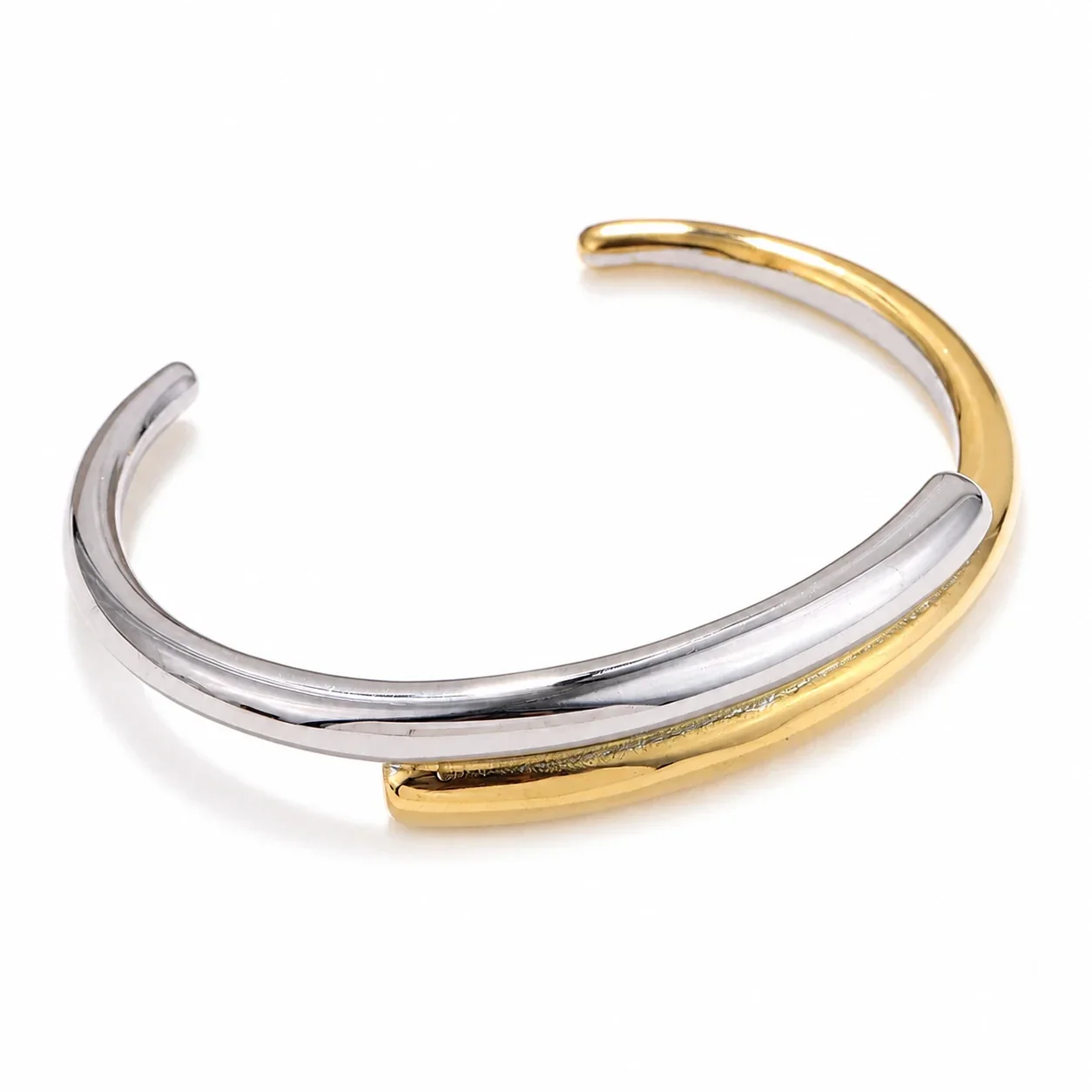 Sculptural Gold-Plated Stainless Steel Crossover Open Cuff Bangle