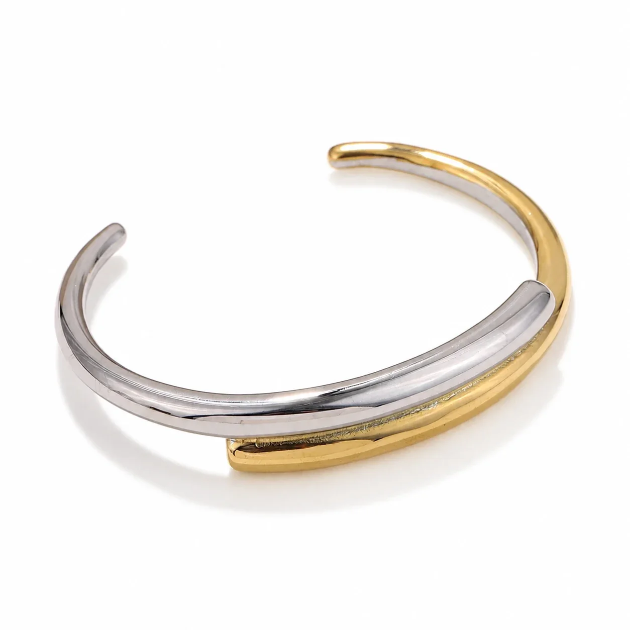 Sculptural Gold-Plated Stainless Steel Crossover Open Cuff Bangle - Two-Tone Crossover