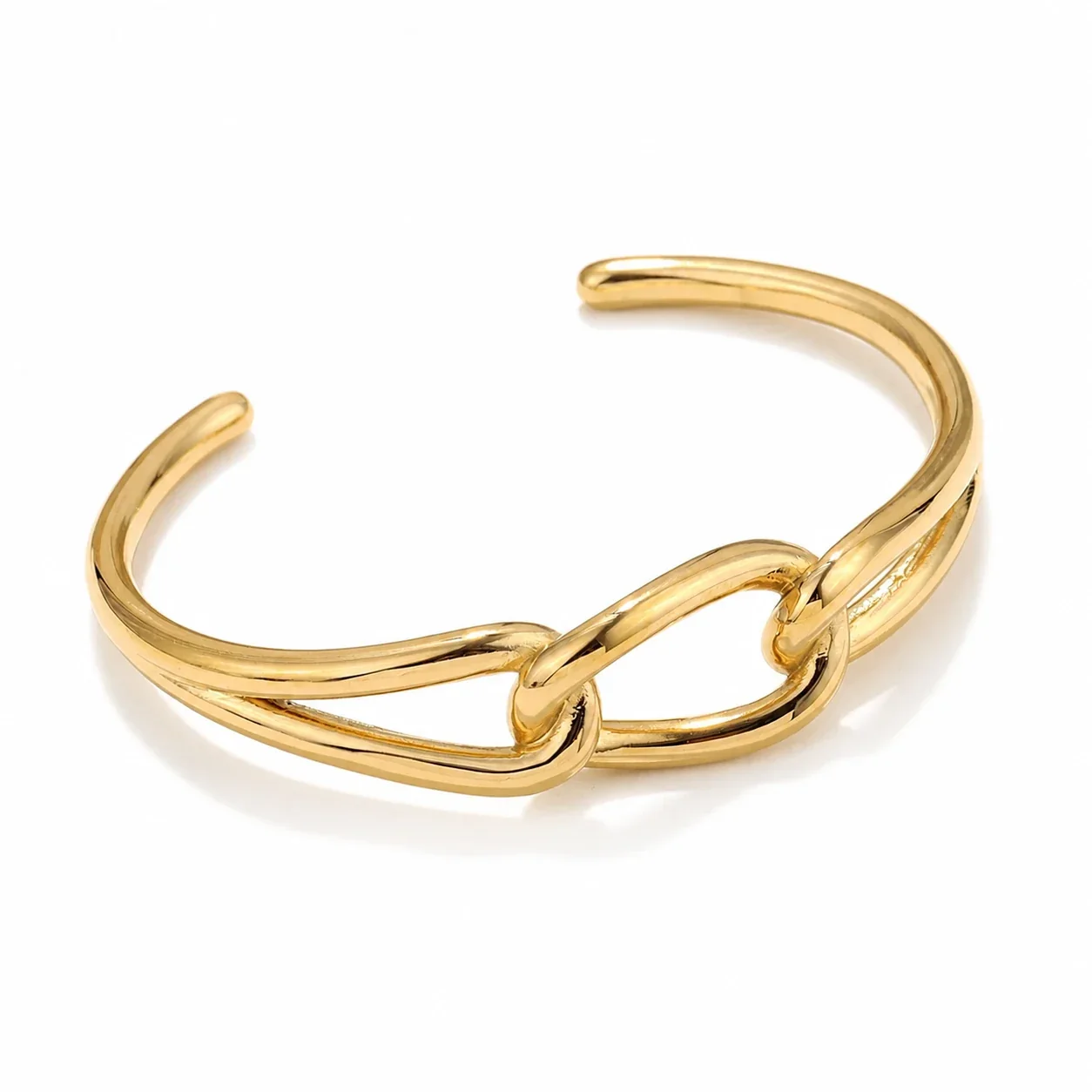 Sculptural Gold-Plated Stainless Steel Crossover Open Cuff Bangle - Gold Link Front