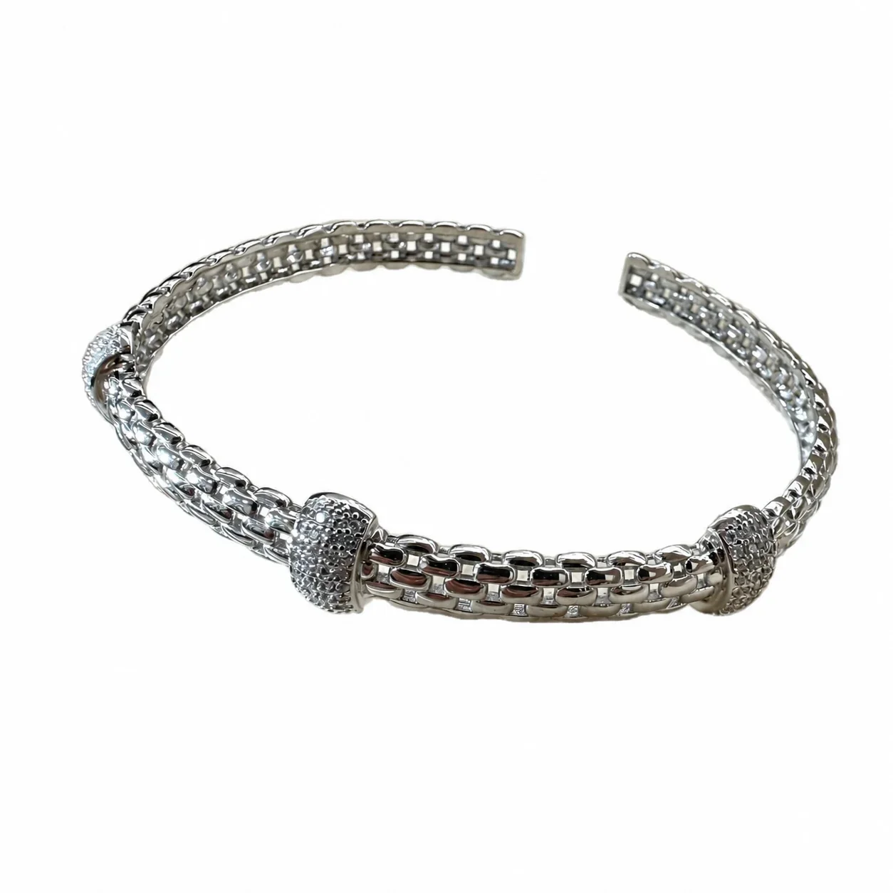 Textured 925 Sterling Silver Pavé Barrel-Link Open Cuff Bangle