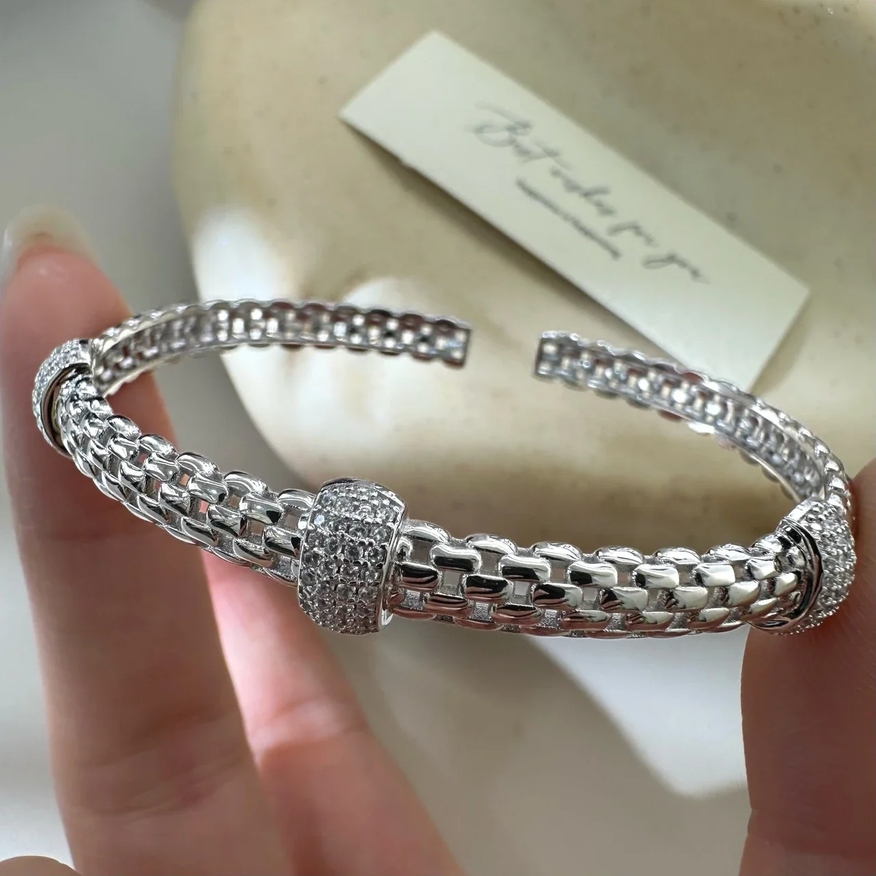 Textured 925 Sterling Silver Pavé Barrel-Link Open Cuff Bangle