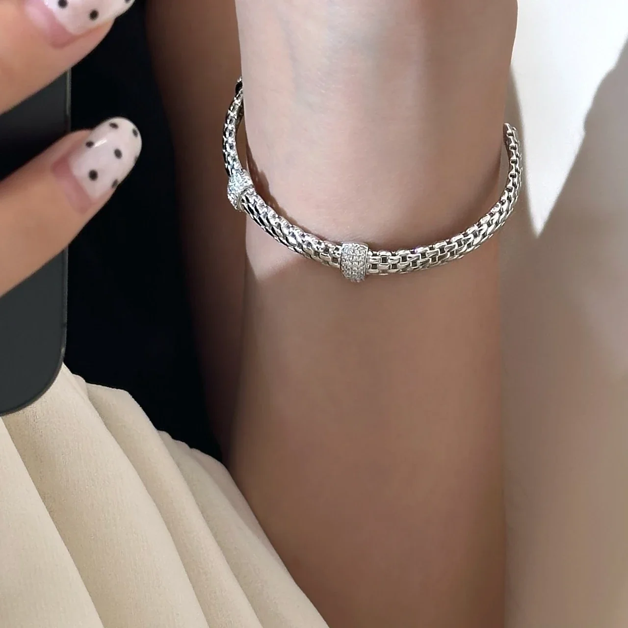 Textured 925 Sterling Silver Pavé Barrel-Link Open Cuff Bangle
