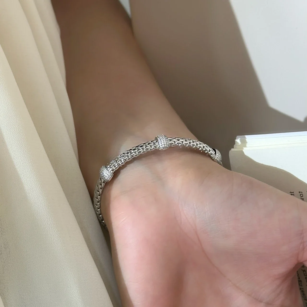 Textured 925 Sterling Silver Pavé Barrel-Link Open Cuff Bangle