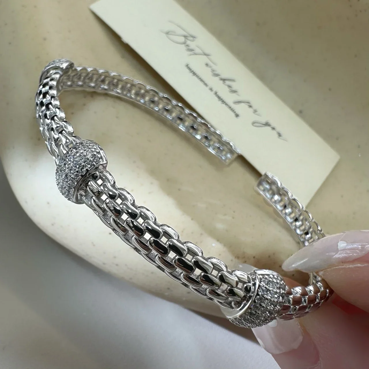 Textured 925 Sterling Silver Pavé Barrel-Link Open Cuff Bangle