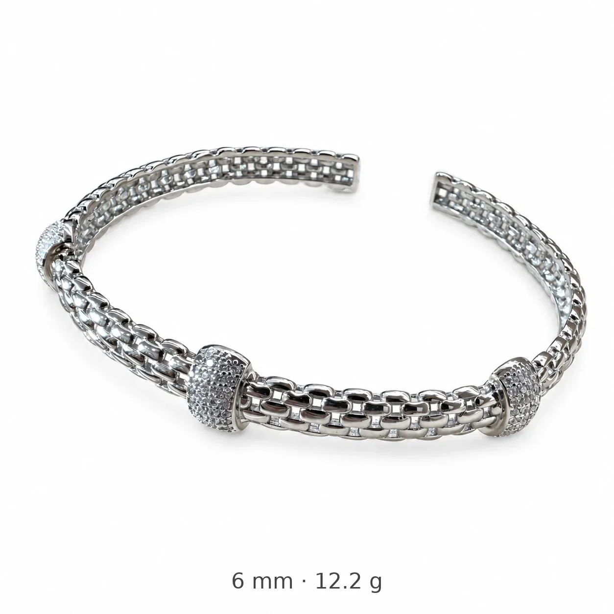 Textured 925 Sterling Silver Pavé Barrel-Link Open Cuff Bangle - Open