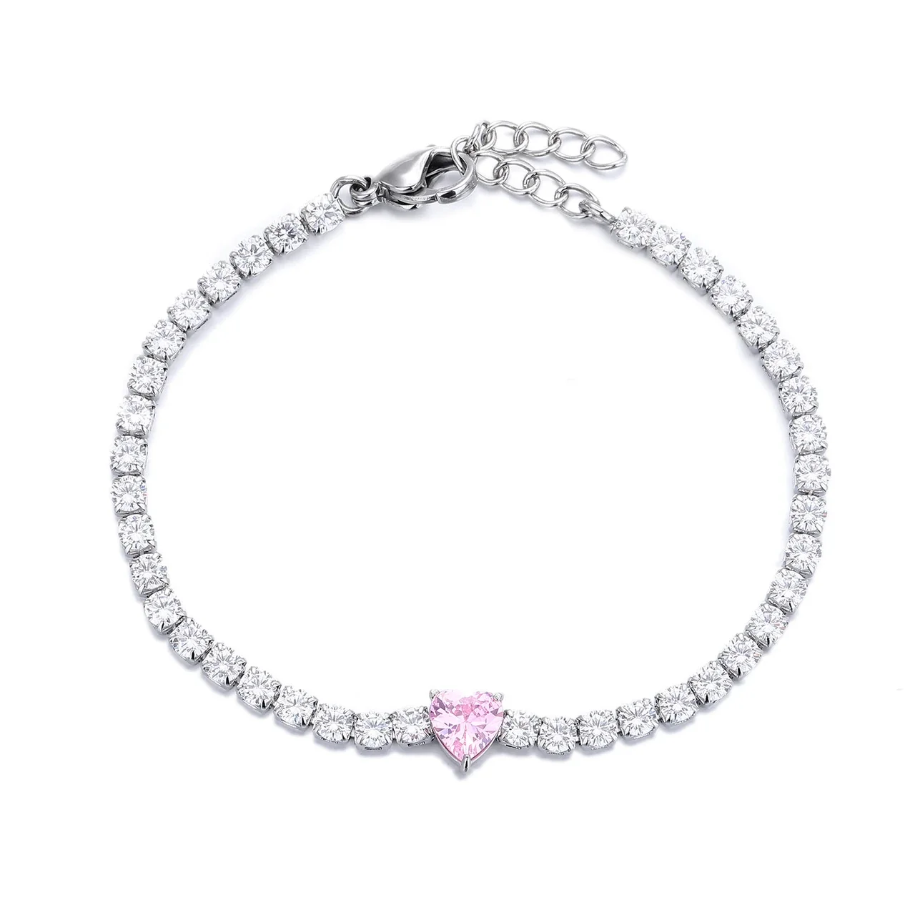 Dainty Stainless Steel Heart-Cut Round CZ Tennis Bracelet
