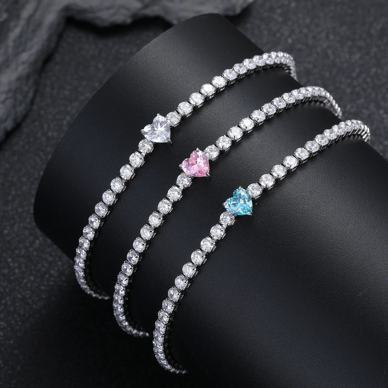 Dainty Stainless Steel Heart-Cut Round CZ Tennis Bracelet