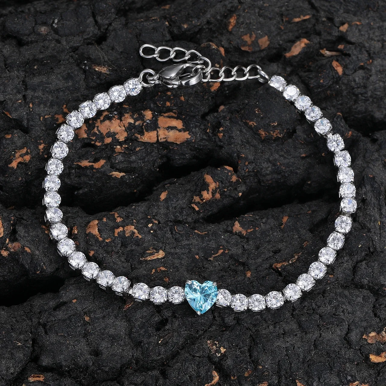 Dainty Stainless Steel Heart-Cut Round CZ Tennis Bracelet