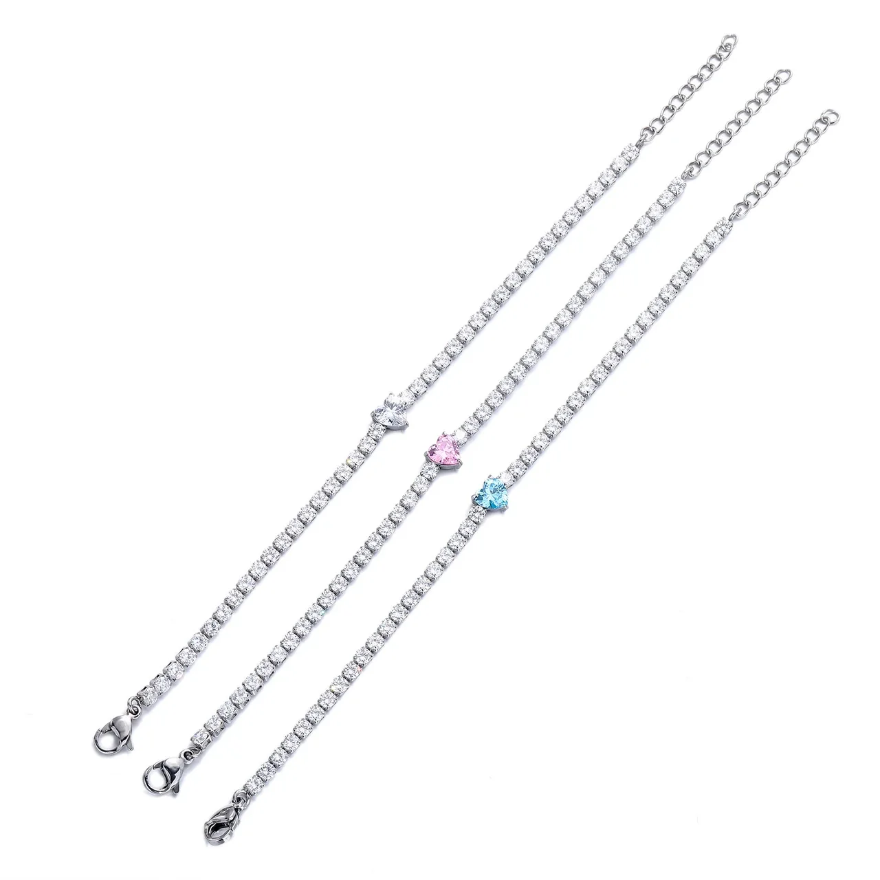 Dainty Stainless Steel Heart-Cut Round CZ Tennis Bracelet