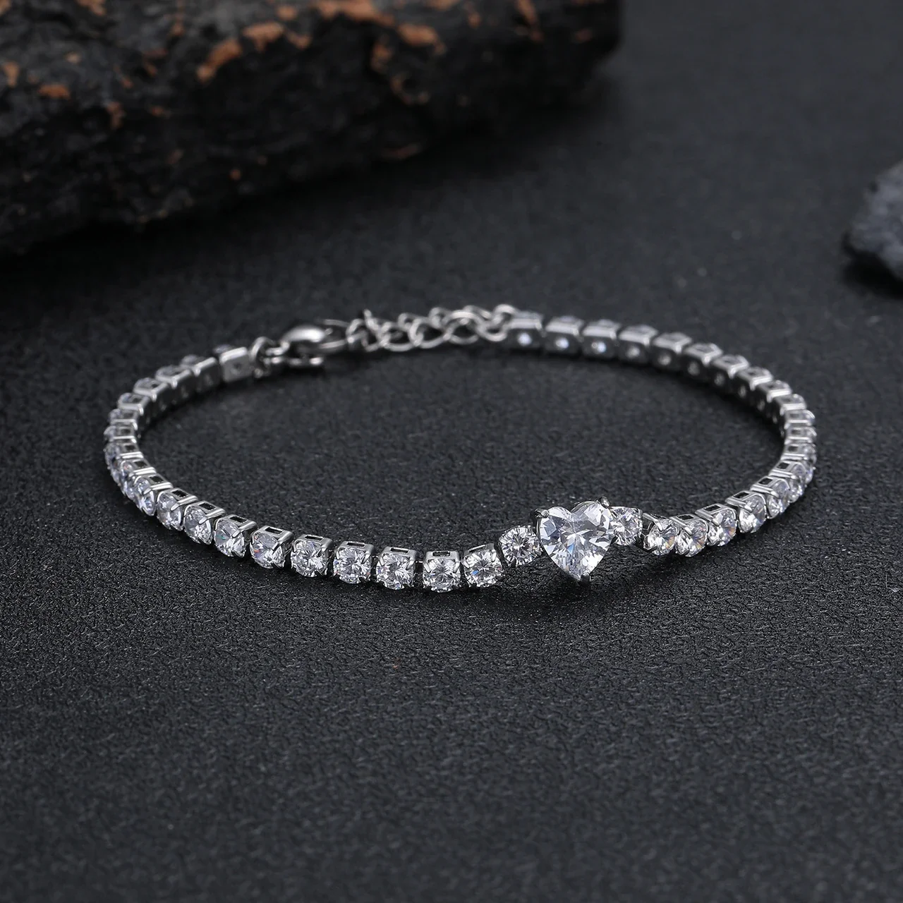 Dainty Stainless Steel Heart-Cut Round CZ Tennis Bracelet - Clear Heart