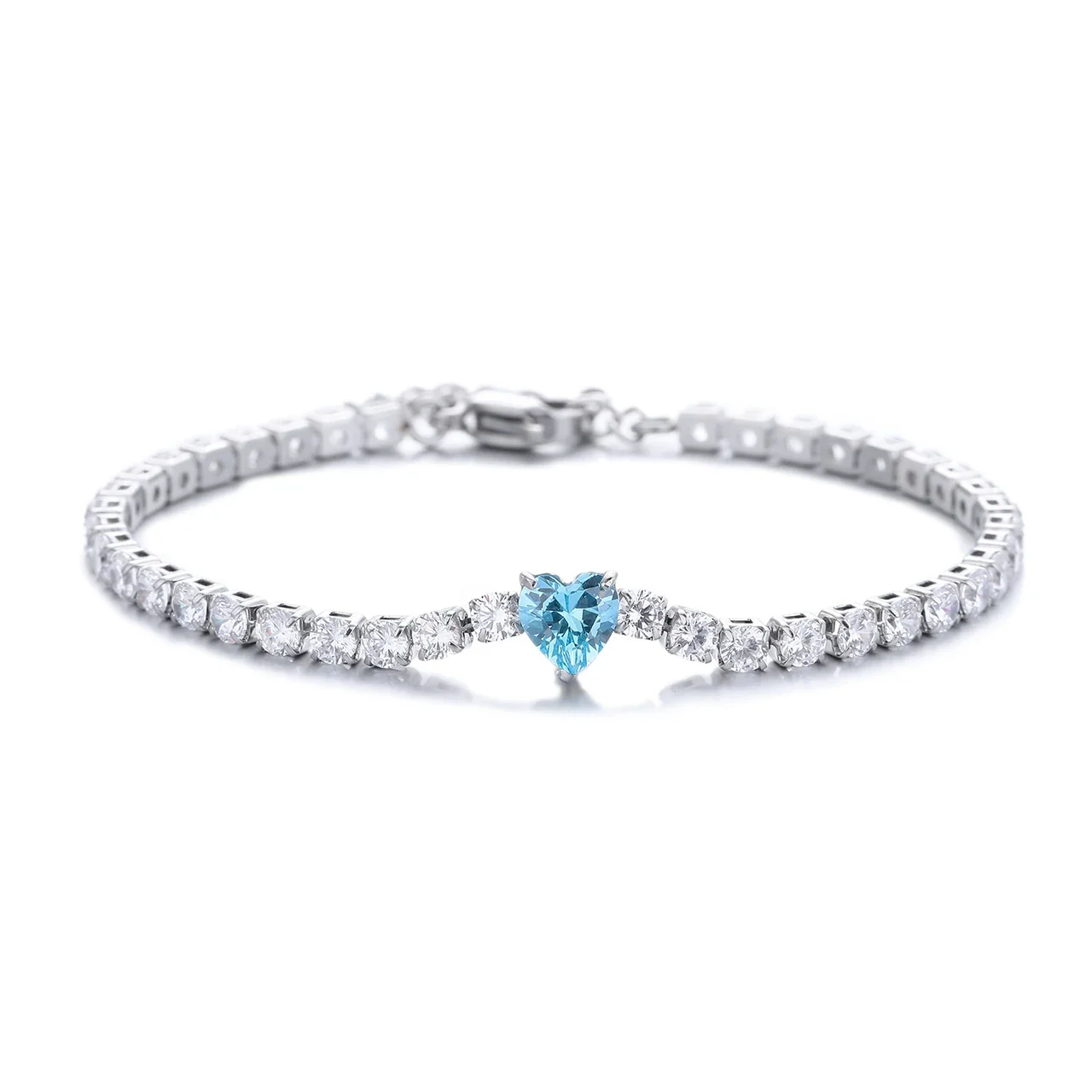 Dainty Stainless Steel Heart-Cut Round CZ Tennis Bracelet - Blue Heart