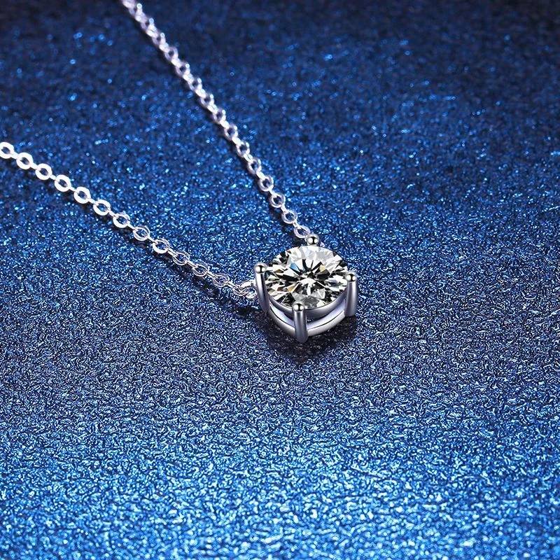 Refined 925 Sterling Silver Round Moissanite Four-Prong Necklace