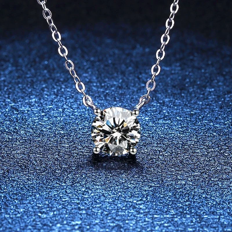 Refined 925 Sterling Silver Round Moissanite Four-Prong Necklace - 6.5 mm Carbon Stone
