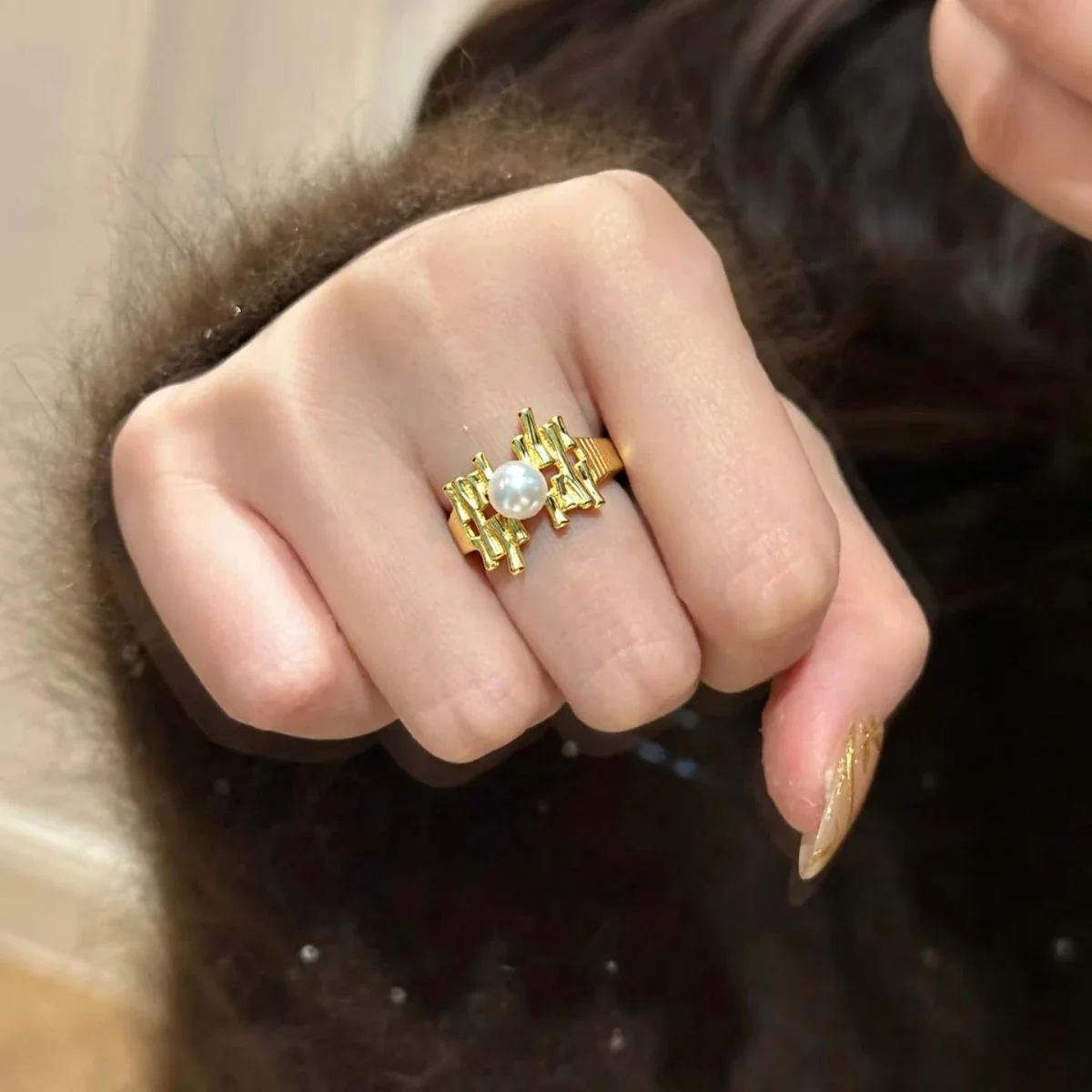 Sculptural Gold-Plated Bar Cage Freshwater Pearl Ring