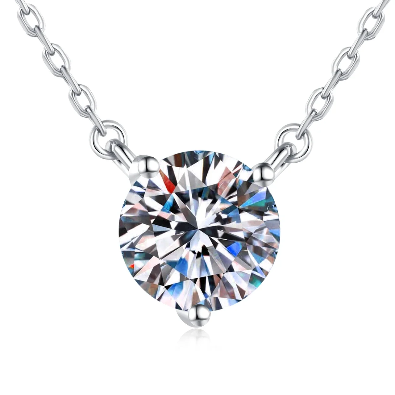 Refined Round Moissanite Three-Prong 925 Sterling Silver Necklace