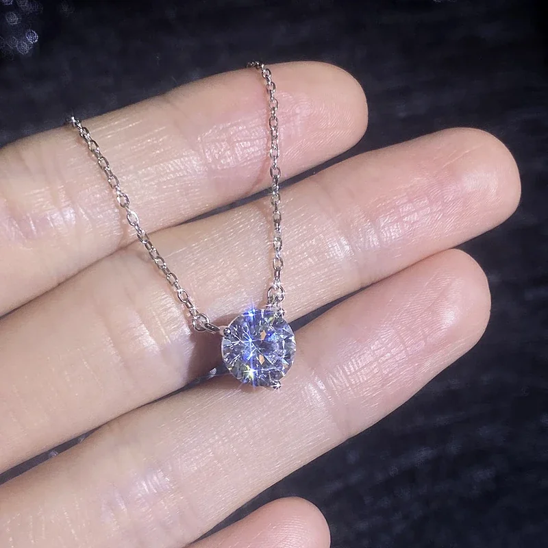Refined Round Moissanite Three-Prong 925 Sterling Silver Necklace