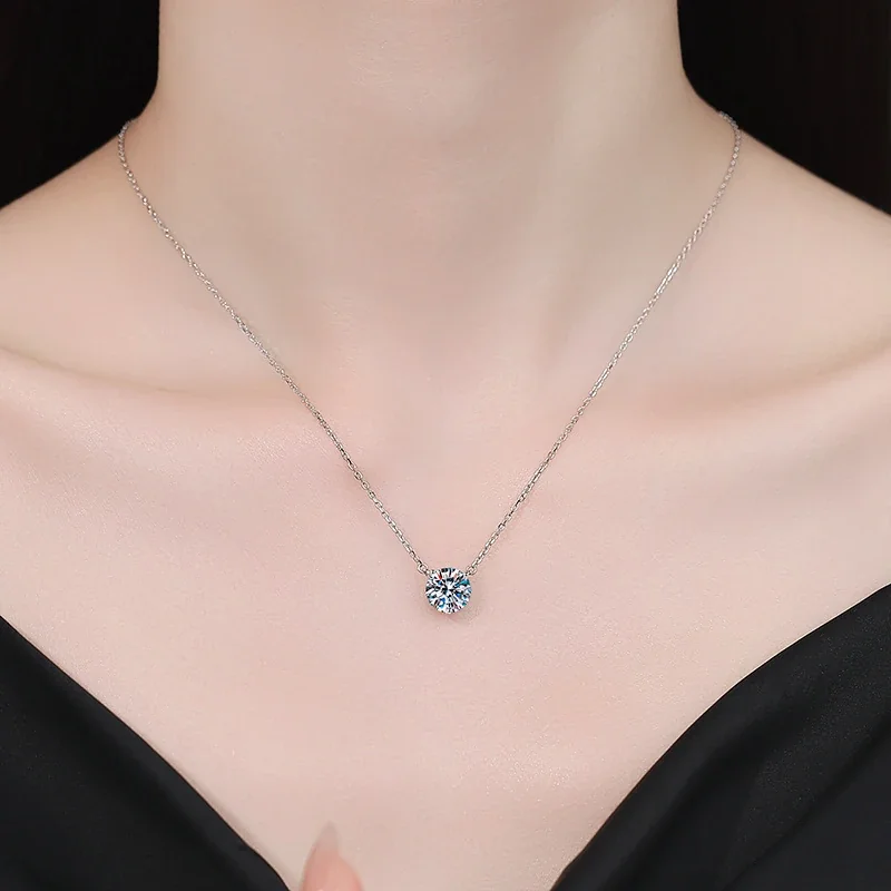 Refined Round Moissanite Three-Prong 925 Sterling Silver Necklace
